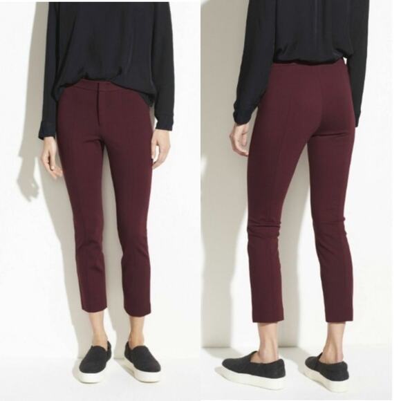 Vince Tapered Stove Pipe Pintuck Seamed Burgundy Ponte Knit Pants Trousers 10 - Picture 1 of 15